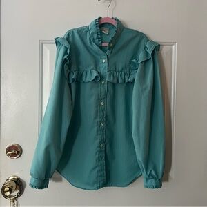 Vintage Mandy Teal Ruffled Long Sleeve Women's Top